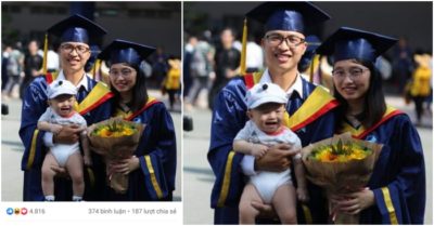 Bức ảnh vợ chồng thạc sĩ 9X chụp cùng con trai trong ngày tốt nghiệp gây “bão mạng”