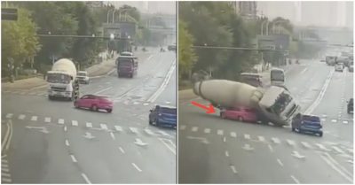 Video ôtô con đang rẽ trái thì đột nhiên dừng lại, bị xe bồn đè bẹp