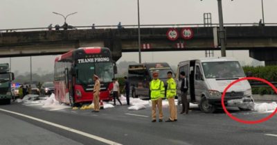 Hàng chục bao bột đá rơi trên cao tốc Pháp Vân – Cầu Giẽ, 2 xe khách ‘lĩnh chưởng’