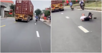 Video ghi lại cảnh xe máy và container rượt đuổi nhau, khiến người đàn ông ngã lăn ra đường