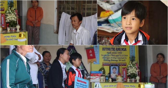 Anh Minh buồn bã sau cái chết của vợ; gương mặt ngây thơ khiến nhiều người chạnh lòng của bé Sáng và sự quan tâm của cộng đồng dành cho hai cha conn (ảnh chụp màn hình từ báo Người Lao Động).