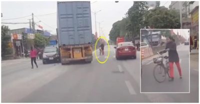 Tránh người phụ nữ sang đường thiếu quan sát, tài xế container đánh lái lao vào xe con