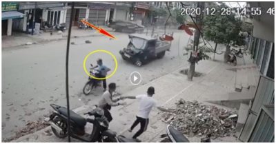 Xe chở ga biến dạng khi đâm vào ôtô bán tải, người đàn ông ngã nhào sang vỉa hè thoát nạn