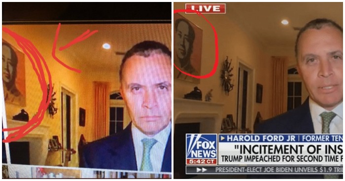 Chính trị gia Đảng Dân chủ Harold Ford Jr. trả lời phỏng vấn của Fox News trong căn phòng có treo ảnh Mao Trạch Đông (ảnh: Twitter).