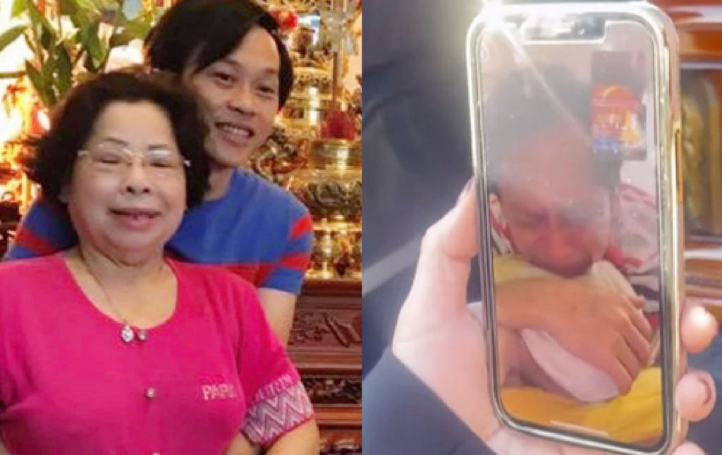Hình ảnh Hoài Linh khóc nức nở khi anh em bên Mỹ gọi về cho nhìn mặt dì lần cuối.