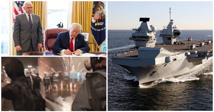 Ngày 1/1/2021, Tổng thống Trump bị Nghị viện bác quyền phủ quyết; trong khi Antifa tấn công cảnh sát ở bang Oregon. Ảnh ghép từ Wikimedia Commons và cắt từ video.