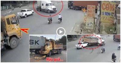 Xe ben phóng nhanh tông xe container đang sang đường
