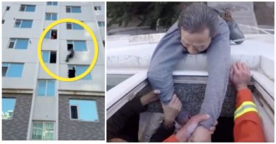 Video giải cứu cụ ông lơ lửng bám ngoài cửa sổ chung cư