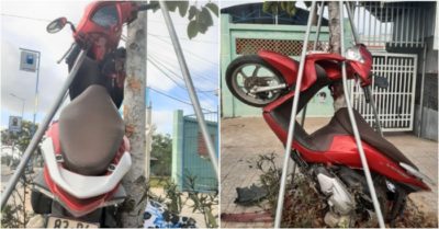 Xe máy mất lái lao lên vỉa hè, dựng đứng bên cây xanh