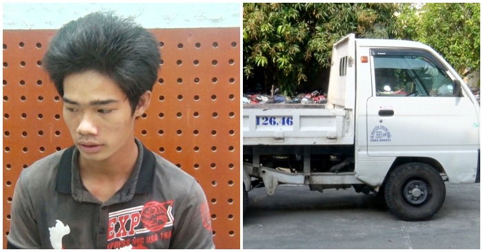 Nguyễn Thanh Thái cùng chiếc xe tang vật.