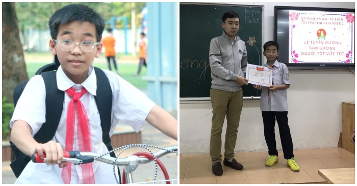 Em Nguyễn Dân An, lớp 6A10, Trường THCS Cổ Nhuế 2, trả lại 70 triệu đồng sau khi nhặt được.