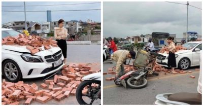 Bị xe xích lô chế chở gạch tông móp đầu Mercedes, nữ tài xế ứng xử đầy nhân văn