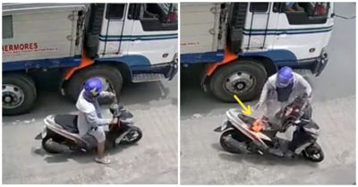 Video khói bất ngờ bốc ra từ yên xe, dừng lại kiểm tra thì ngọn lửa bùng lên dữ dội