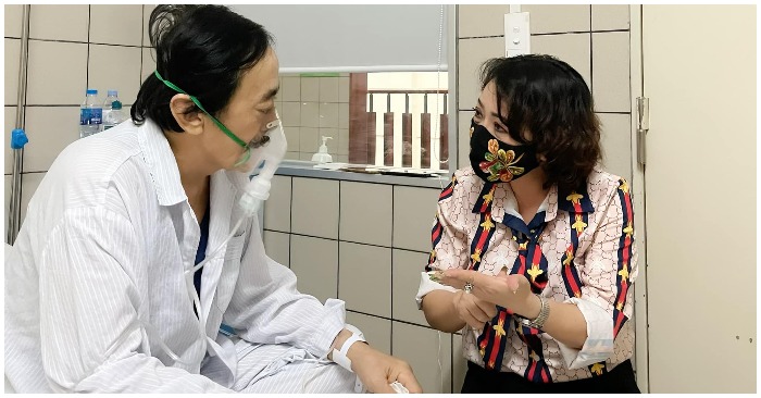 Nghệ sĩ hài Đinh Trà My tới thăm nghệ sĩ Giang Còi tại bệnh viện (ảnh facebook Đinh Trà My).