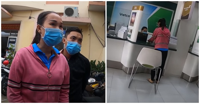 Hai vợ chồng chị Tuyền đến đồn công an và ngân hàng để làm giấy tờ trả lại cho chủ nhân của số tiền (ảnh cắt từ clip).