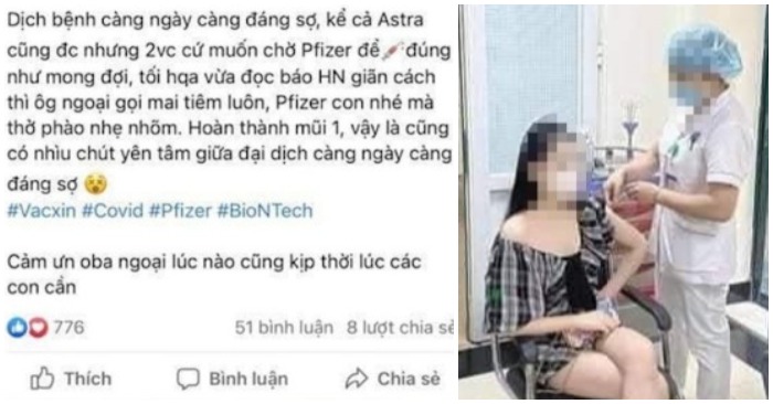 Bài viết và hình ảnh của cô gái khoe tiêm vắc xin Covid-19 không cần đăng ký đăng trên mạng xã hội (ảnh chụp màn hình trên báo Zing).