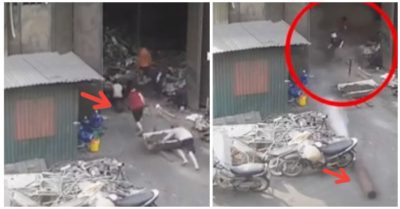 Video: Bình oxy lao như tên lửa vào bờ tường đối diện rồi nổ tung, bụi bay mù mịt