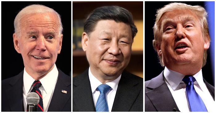 Tổng thống Mỹ Joe Biden; Chủ tịch nước kiêm Tổng Bí thư ĐCSTQ Tập Cận Bình; Cựu Tổng thống Mỹ Donald Trump (ảnh: Wikimedia Commons). Tiến sĩ Trình Hiểu Nông cho rằng ĐCSTQ sợ Mỹ tựa như kẻ trộm sợ cảnh sát.