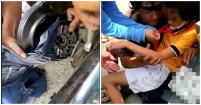 Clip cứu bé gái kẹt tay vào xe máy vì vướng áo chống nắng