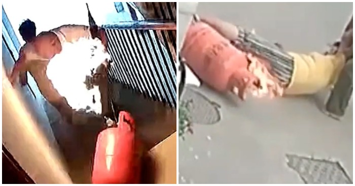 Vụ cháy làm 2 người bị bỏng nhẹ (ảnh cắt từ clip).