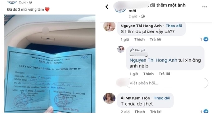 Cô gái khoe được tiêm vắc xin Pfizer do "xin ông anh" (ảnh chụp màn hình)
