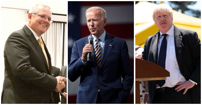 Thủ tướng Úc Scott Morrison; Tổng thống Mỹ Joe Biden; Thủ tướng Anh Boris Johnson (ảnh: Wikimedia Commons).