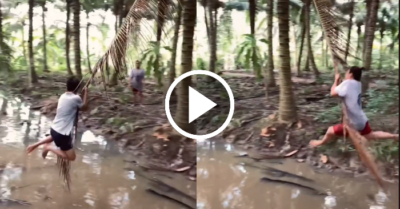 Video:  “Học đòi” đu tàu dừa qua mương nước và cái kết