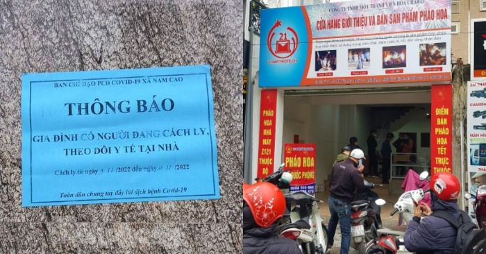 Một hộ dân ở Thái Bình bị thôn khóa cửa; cửa hàng bán pháo hoa của Nhà máy Z121 tại Hà Nội (ảnh chụp màn hình Kênh 14; Vietnamnet).