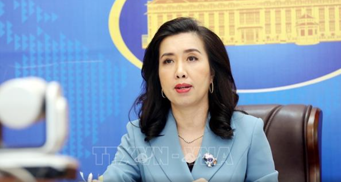 Phát ngôn viên Bộ Ngoại giao Việt Nam Lê Thị Thu Hằng (ảnh chụp màn hình TTXVN). Bà Hằng hôm 14/1/2022 đã nêu quan điểm của Việt Nam về việc Mỹ bác bỏ đường 9 đoạn của Trung Quốc ở Biển Đông.