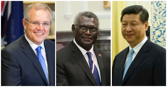 Thủ tướng Australia Scott Morrison; Thủ tướng Solomon Manasseh Sogavare; Chủ tịch Trung Quốc Tập Cận Bình (ảnh: Wikimedia Commons).