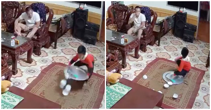 Con làm vỡ bát và phản ứng hài hước của bố (ảnh cắt từ clip).