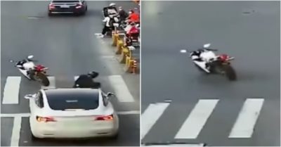 Video: Bỏ lại chủ nhân, xe máy tự chạy sau va chạm với ôtô