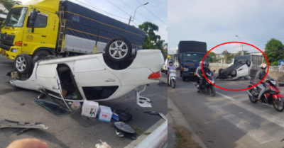 Ôtô chở 5 người bất ngờ tông vào dải phân cách rồi lật ngửa, hư hỏng nặng